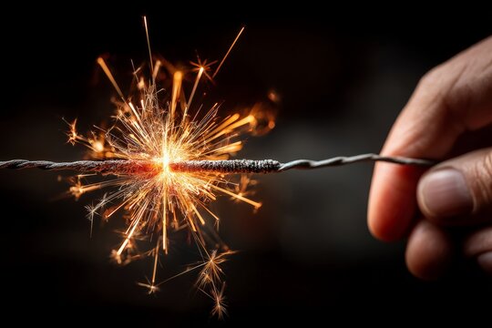 Close-up of a hand holding a sparking wire in a dark environment during a chemical reaction at night - Powered by Adobe