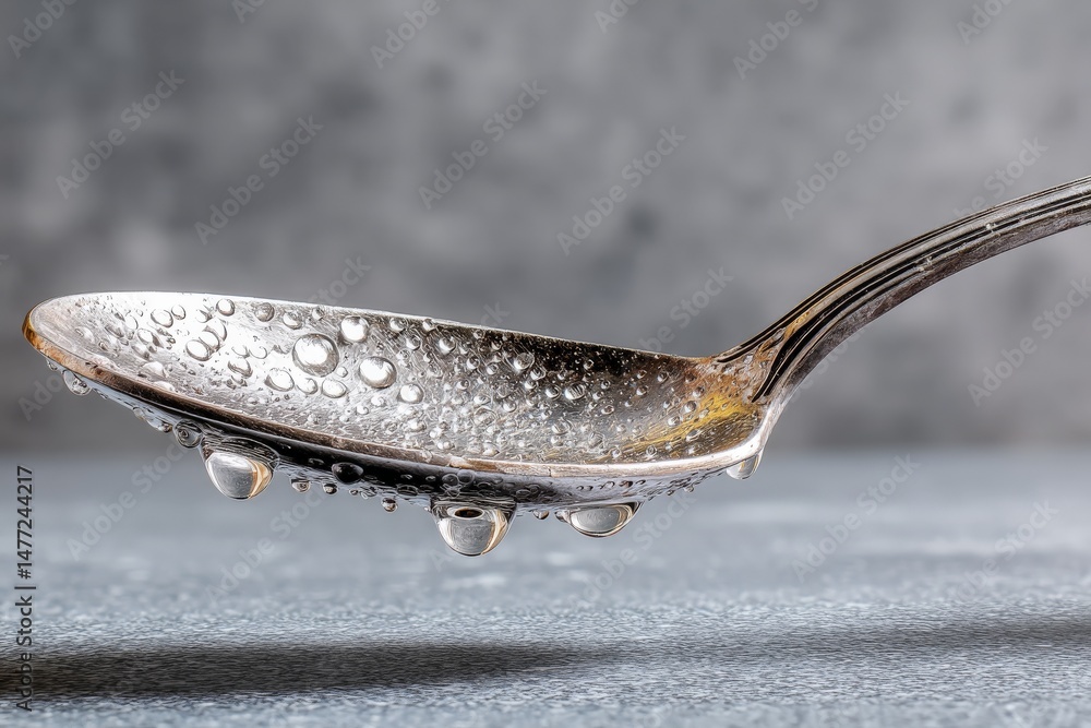 Aufkleber close-up of a shiny spoon with water droplets reflecting light on a textured surface