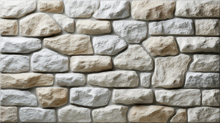 Fototapeta premium An artful arrangement of rough-hewn stone bricks in varying neutral shades creates a rustic, textured wall perfect for backdrops and architectural designs.