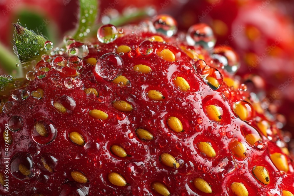 Poster close-up view of ripe strawberry covered with water droplets showcasing vivid red color and texture 