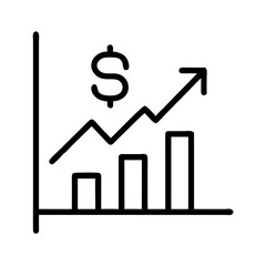 outline icon of financial bar chart with rising arrow and dollar symbol, representing business growth, increasing revenue, investment success and economic trend