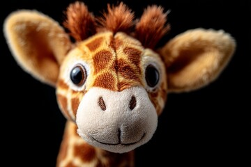 Fototapeta premium Cute plush giraffe with big eyes poses against black background highlighting its soft texture and playful expressions