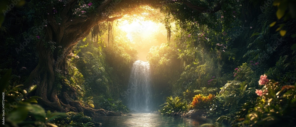Poster lush jungle waterfall scene with sunlight streaming through the trees creating a magical atmosphere 