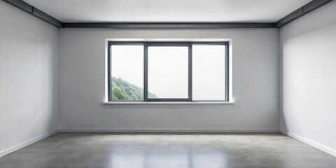 Fototapeta premium Empty room with large window showcasing a view of distant hills and mountains