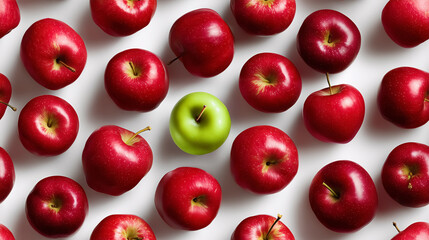 A striking overhead shot of numerous red apples surrounding a single bright green apple, emphasizing contrast and individuality