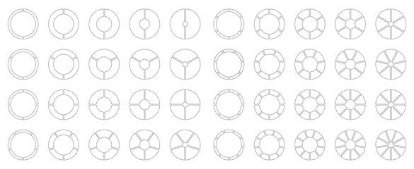 Circle division from 2 to 9 equal parts. Segmented diagrams. Coaching empty blank. Pie, pizza chart icons. Infographics set. Wheel round divided. Section graph black minimalist line art. Donut charts.