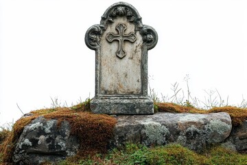 Fototapeta premium Old gravestone on a mossy rock in a foggy burial site surrounded by nature