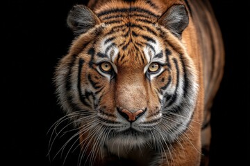 Fototapeta premium Majestic tiger engaging in a calm yet intense gaze against a dark backdrop highlighting its striking features