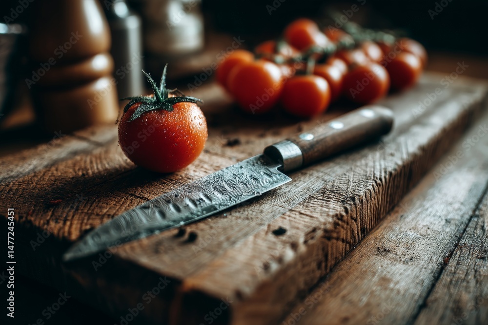 Poster fresh red tomatoes and a sharp chef knife on a rustic wooden countertop in a cozy kitchen setting