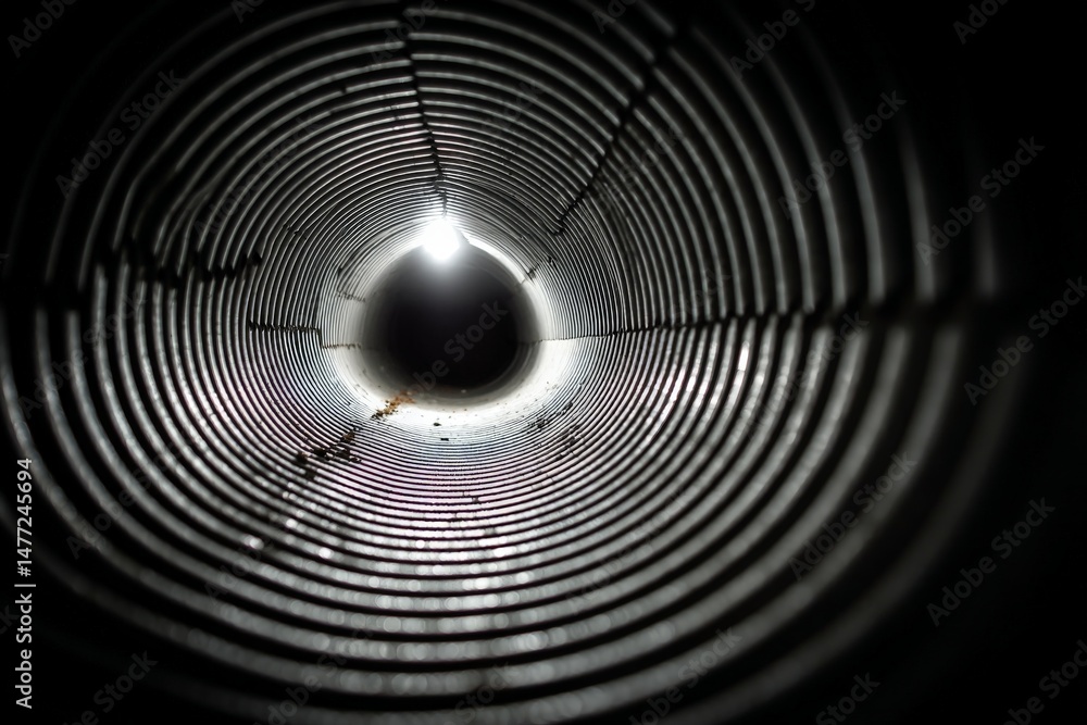 Fototapete light at the end of a metallic pipe viewed from inside in a dark environment
