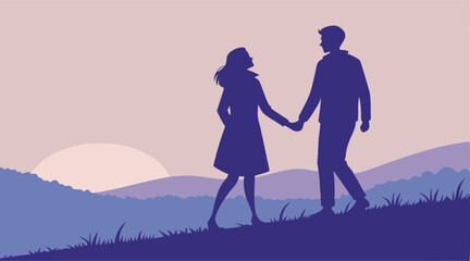 "Romantic Couple Silhouette Holding Hands on Beach at Sunset – Minimal Vector Scene with Vibrant Sky"