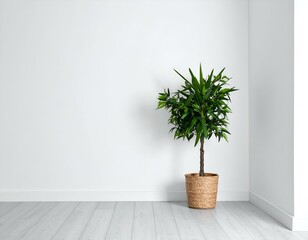 Fototapeta premium Minimalist indoor plant in a woven pot against a white wall. Perfect for home decor, interior design, or lifestyle blogs.