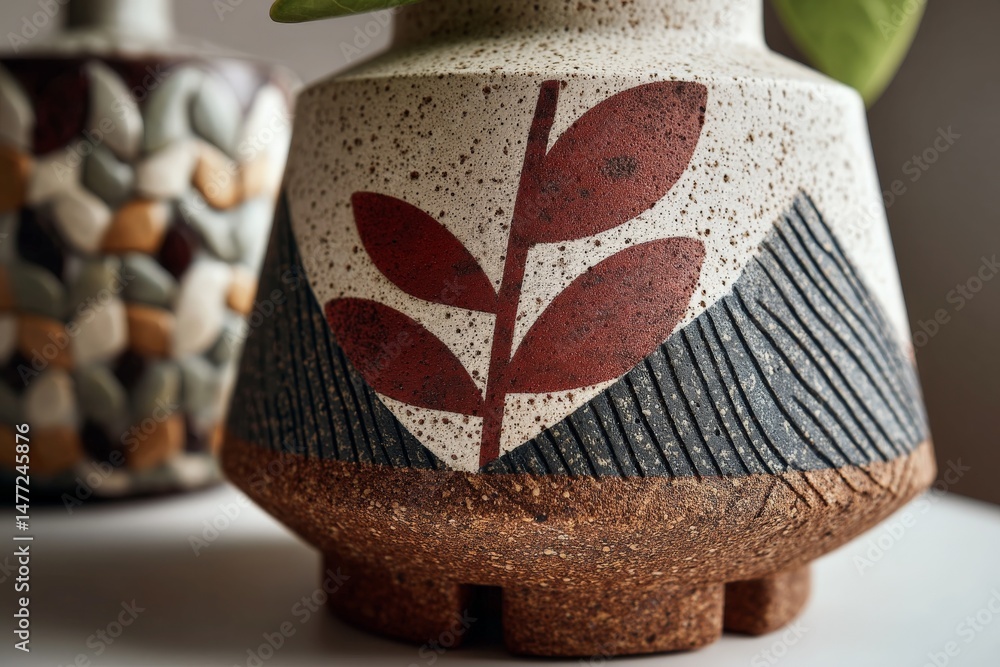 Poster ceramic planter with leaf design showcasing textured patterns and earthy colors in a warm indoor set