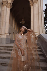 beautiful woman with dark hair in luxurious dress with accessories posing on the stairs of elegant...