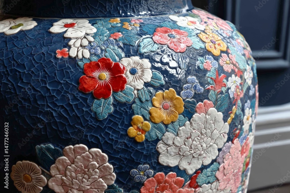 Poster ceramic vase decorated with colorful floral patterns displayed in a traditional setting during dayli