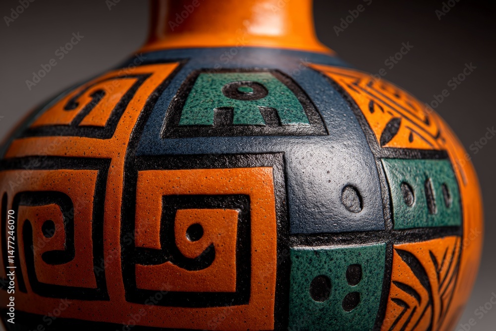 Poster beautifully crafted ceramic vase featuring intricate geometric patterns and vibrant colors displayed