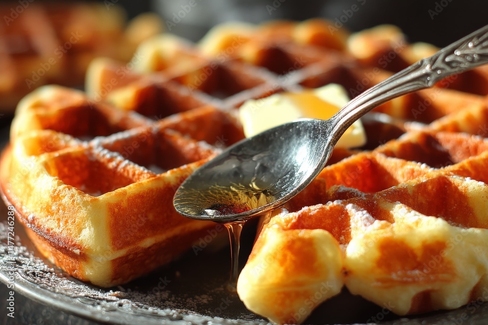 Aufkleber perfectly cooked waffles drizzled with syrup and topped with butter at a cozy breakfast setting