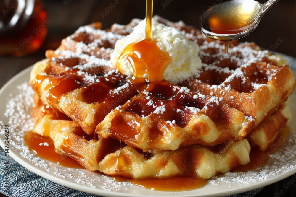 Poster delicious stack of golden waffles drizzled with syrup and topped with whipped cream served on a brea