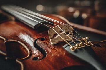 Fototapeta premium Close-up view of a violin with intricate details showcasing the bridge and strings in natural light for an artistic effect