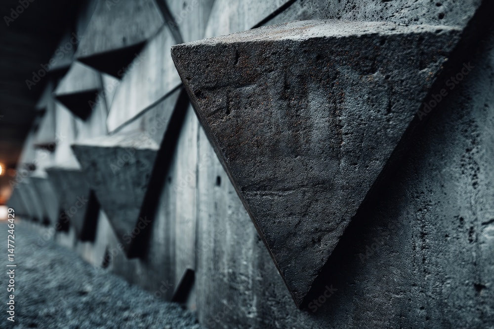 Aufkleber concrete wall design featuring triangular shapes along an urban walkway in the evening light