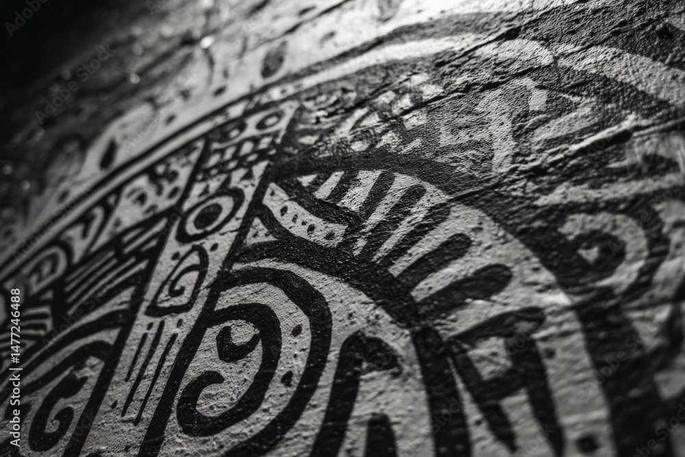 Poster Intricate black and white abstract art featuring detailed tribal patterns on a textured surface in an urban setting