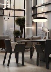 Copy space on a modern white dining table with a ceramic coffee pot, a coffee cup, and a ceramic flower vase in a modern white living room. close-up image. 3d render, 3d illustration