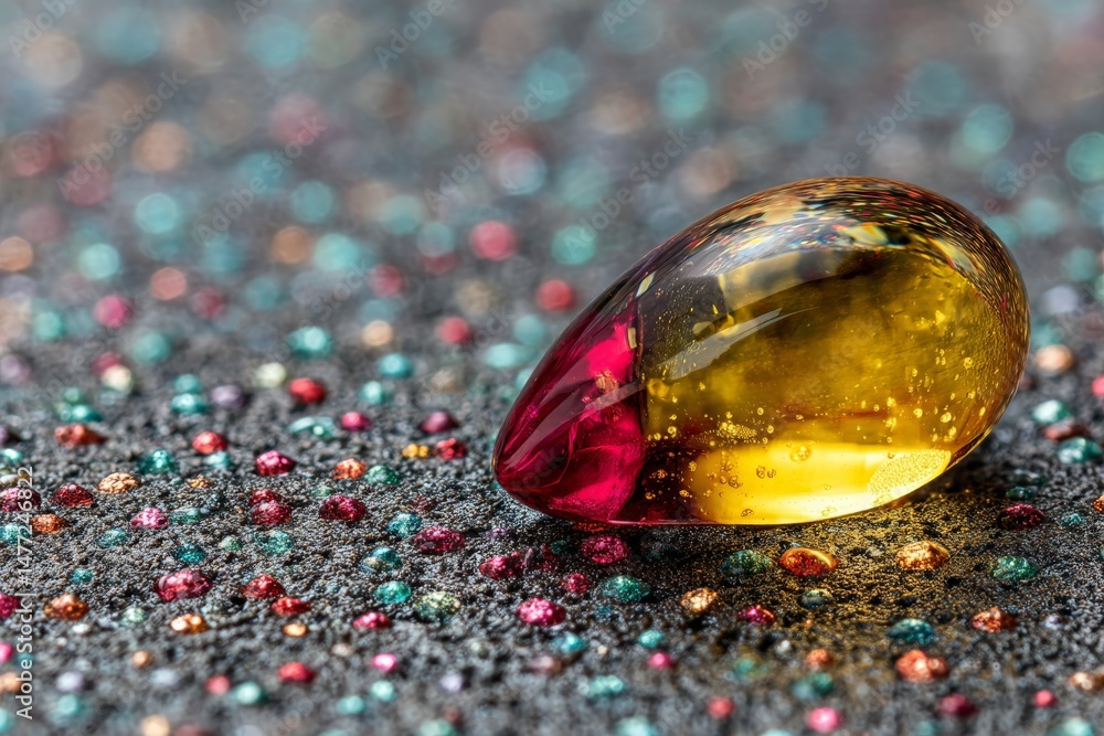 Poster captivating close-up of a colorful gem resting on a textured surface with vibrant embellishments