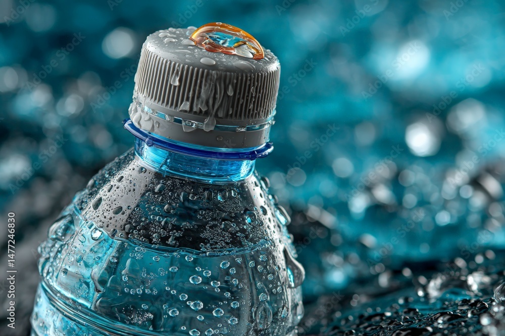 Poster close-up view of a water bottle cap with condensation on a reflective surface