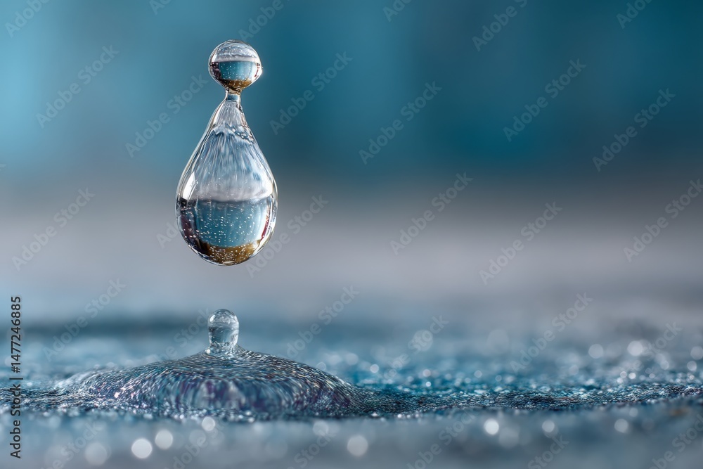Poster captivating moment of a water droplet forming and splashing in a tranquil blue setting during daylig