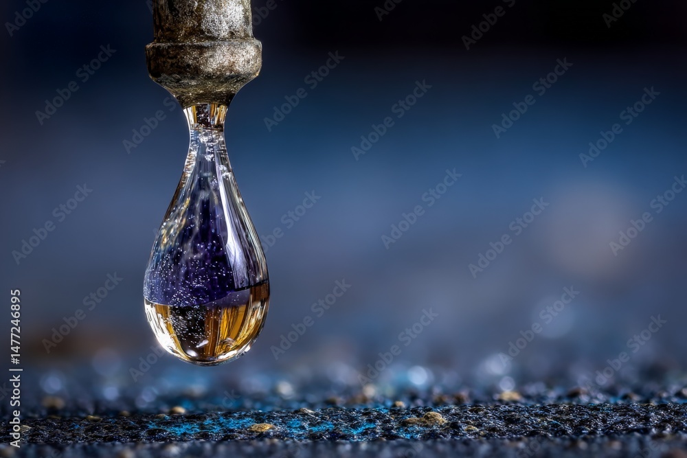 Poster close-up of a water droplet hanging from a metal surface in a textured setting with blurred backgrou