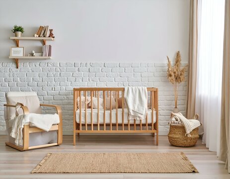 Fototapeta Cozy baby nursery with wooden crib, armchair, and natural decor. Perfect for newborn photoshoot or interior design inspiration.