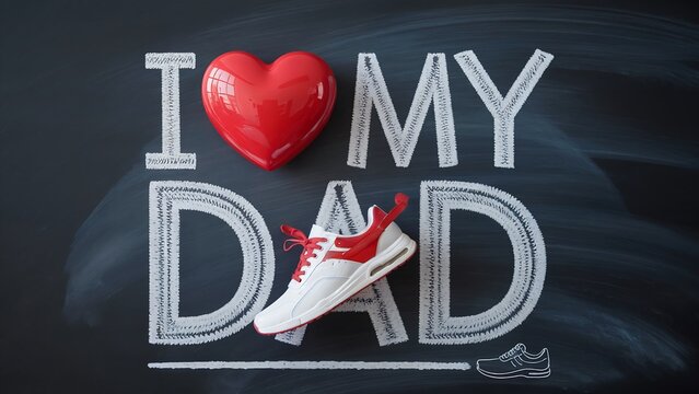 I love my dad handwritten chalkboard message with a red heart and athletic shoes for celebrating father's day.