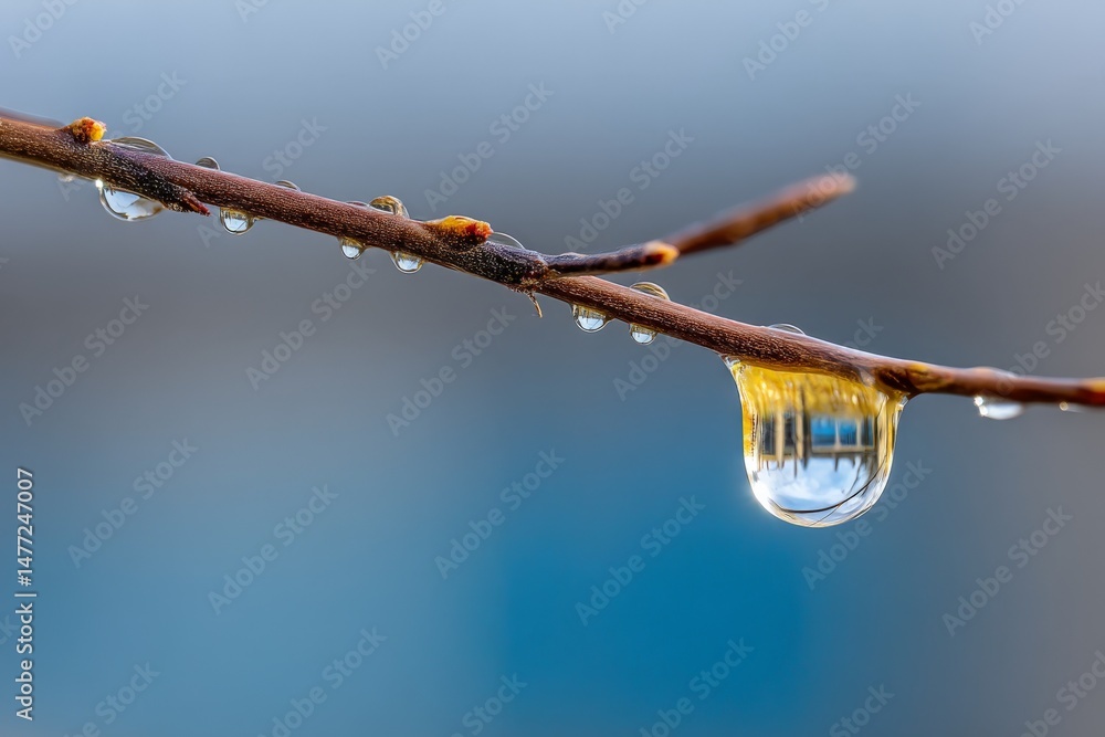 Aufkleber Morning dew clings to a twig on a cool spring day with soft colors in the background