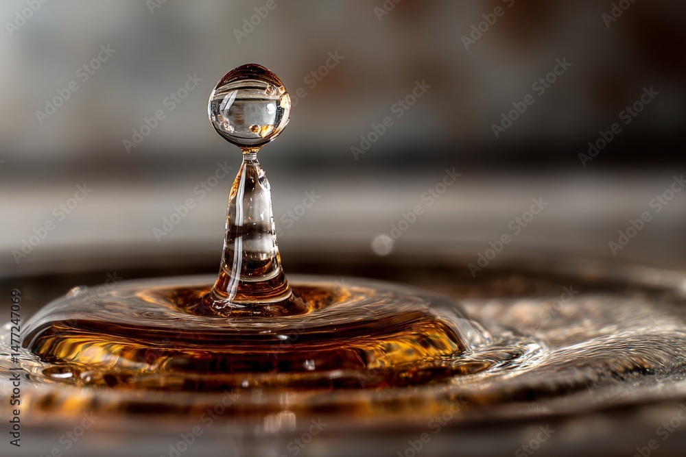 Poster captivating water droplet creates dynamic splash effect in close-up view captured indoors during day