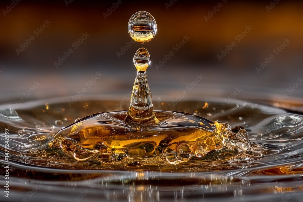 Poster droplet creates ripple effect in golden liquid, capturing the essence of fluid dynamics
