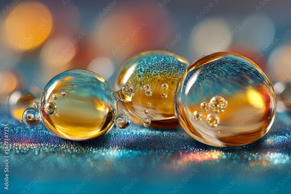 Poster Colorful water droplets on a reflective surface create a stunning visual display in soft light