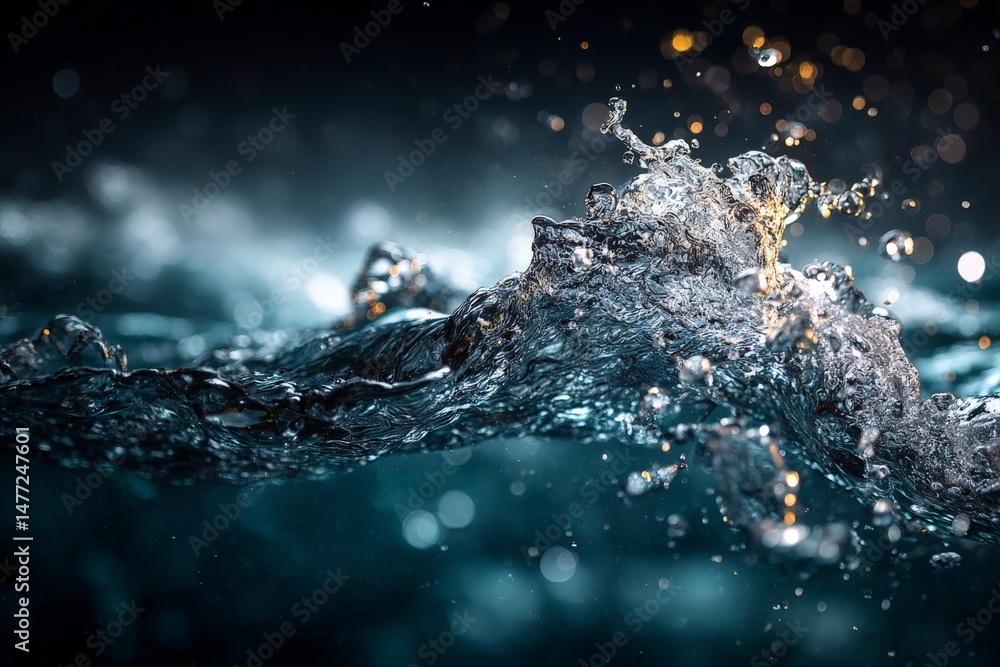 Aufkleber Close-up view of water splashes creating mesmerizing patterns in dark surroundings during a calm evening