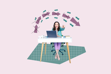 Image pop poster zine photo collage of happy businessman businesswoman stand arrow decline problem...