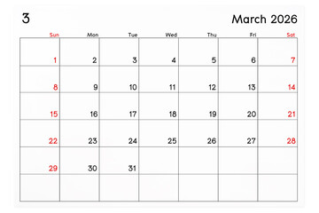 Calendar March 2026 page isolated on white, Save clipping path