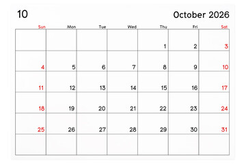 Calendar October 2026 page isolated on white, Save clipping path