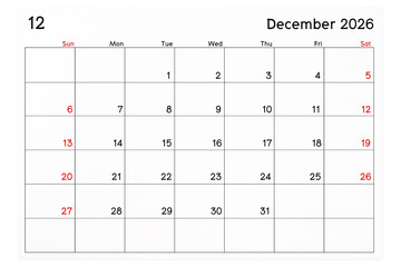 Calendar December 2026 page isolated on white, Save clipping path
