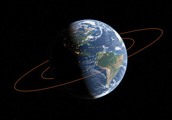 Earth in space with orbiting rings