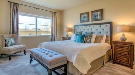 Interior view of a well-lit bedroom with a tufted headboard and bench in front of the bed in a modern home