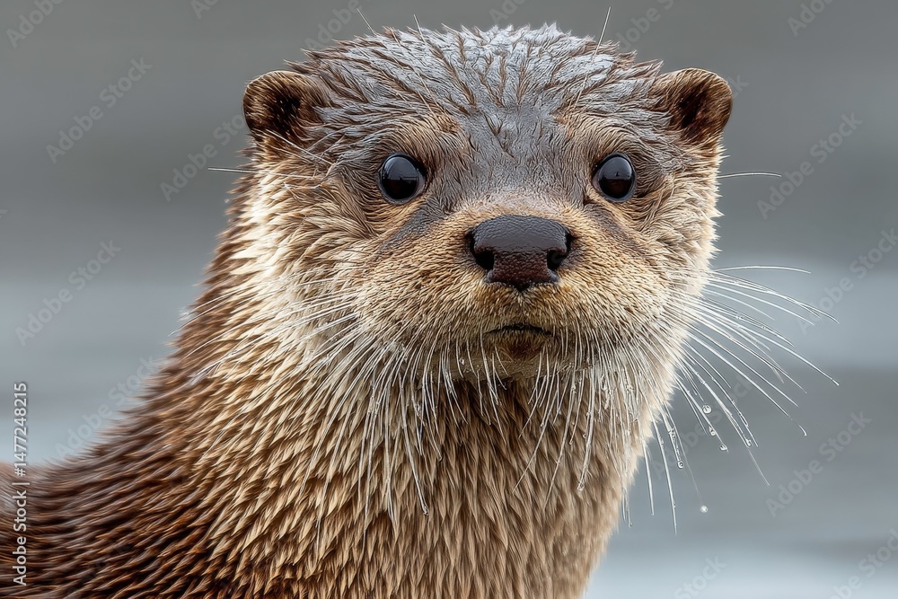 Poster curious otter looking at the camera by the water's edge during a calm afternoon