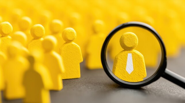 Magnifying glass focuses on a figure in a crowd of yellow humanoids. - Powered by Adobe