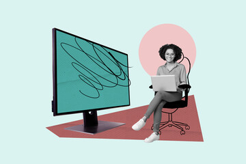 Full trendy 3d collage poster of happy girl guy stand pc monitor laptop device addiction concept...