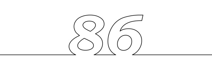 A single line drawing of a eighty six symbol. One line icon. Continuous line eighty sixth number icon. Simple black outline of the number 86. Vector illustration