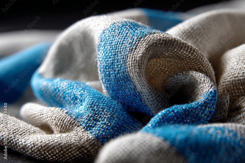Poster Detailed fabric texture with blue and silver threads captures intricate weave and softness in natural light setting