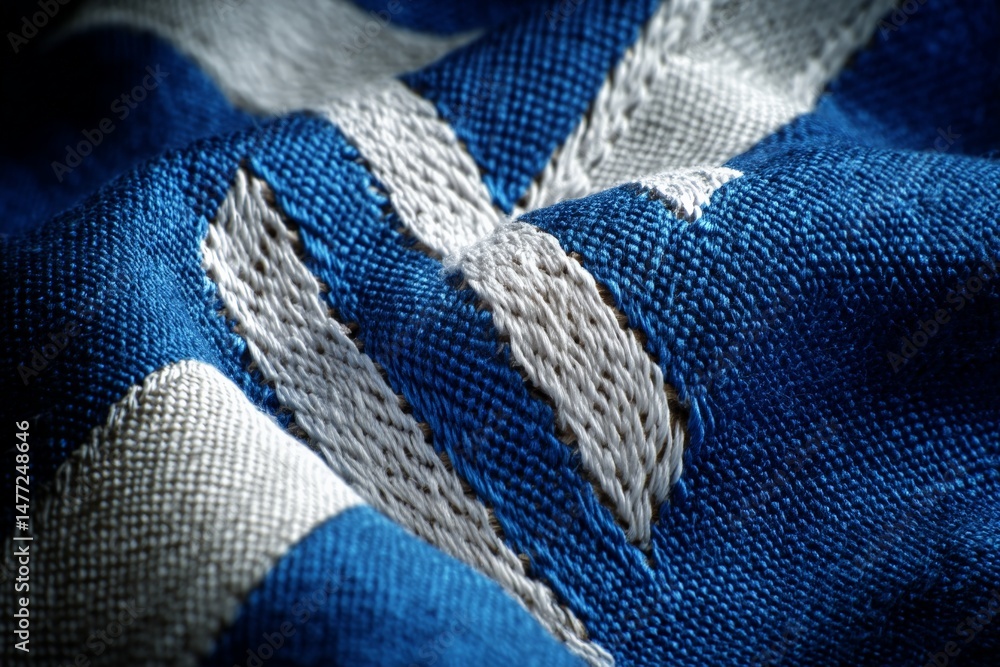 Poster textile with blue and white pattern showcasing detailed stitching and fabric texture