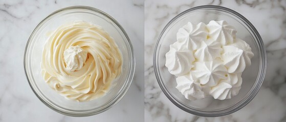 Two Bowls of Whipped Cream on Marble Countertop Overhead View Preparation for Dessert Baking Recipe Ingredient Food Photography